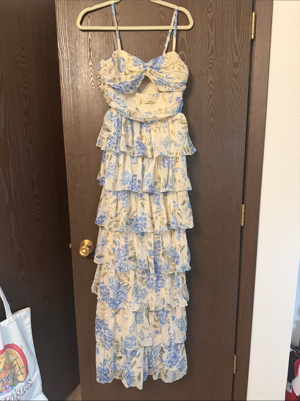 Lulu's Cream and Light Blue Floral Tiered Ruffle Maxi Dress